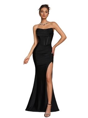 Strapless Black Evening Gown with Side Slit